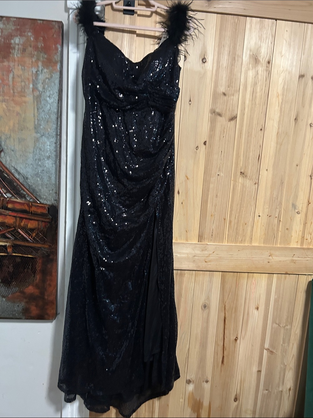 Black Sequin Evening Dress with Feather Straps